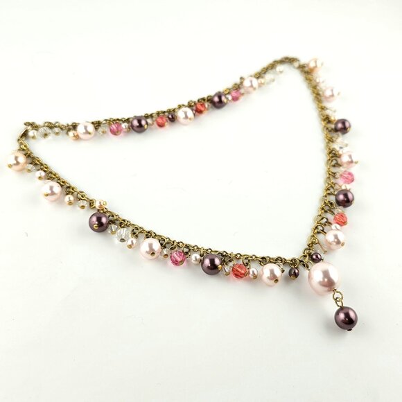 Faux Pearl Charm Necklace Gold Tone Double Clasp Multicolor Beaded - Picture 5 of 10